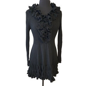 Black Knit Sweater Dress Womens Size XS Ruffled Long Sleeves Cottage Core Dress